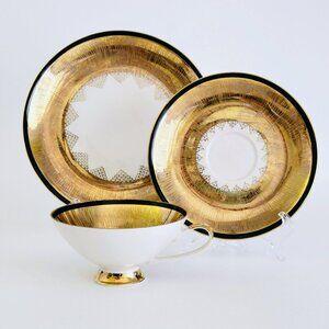 Vintage Reme German Heavy Gold Teacup, Saucer & Plate, Art Deco Gold Cream Black